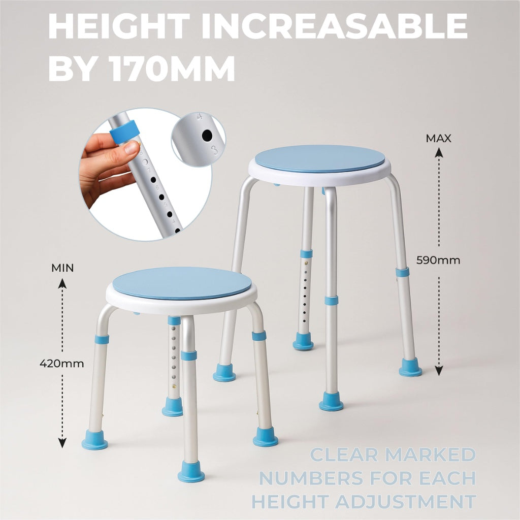 Aidapt Bath Stool with Rotating Seat Non-Slip Ferrules,8 Numbered Height Settings,Shower Chair,Elderly,Disabled,Pregnancy,Post Surgery,Rust Free Aluminium, Lightweight, Easy Assembly, White/Blue - Like New