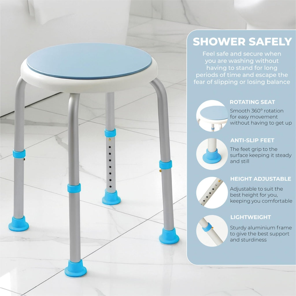 Aidapt Bath Stool with Rotating Seat Non-Slip Ferrules,8 Numbered Height Settings,Shower Chair,Elderly,Disabled,Pregnancy,Post Surgery,Rust Free Aluminium, Lightweight, Easy Assembly, White/Blue - Like New