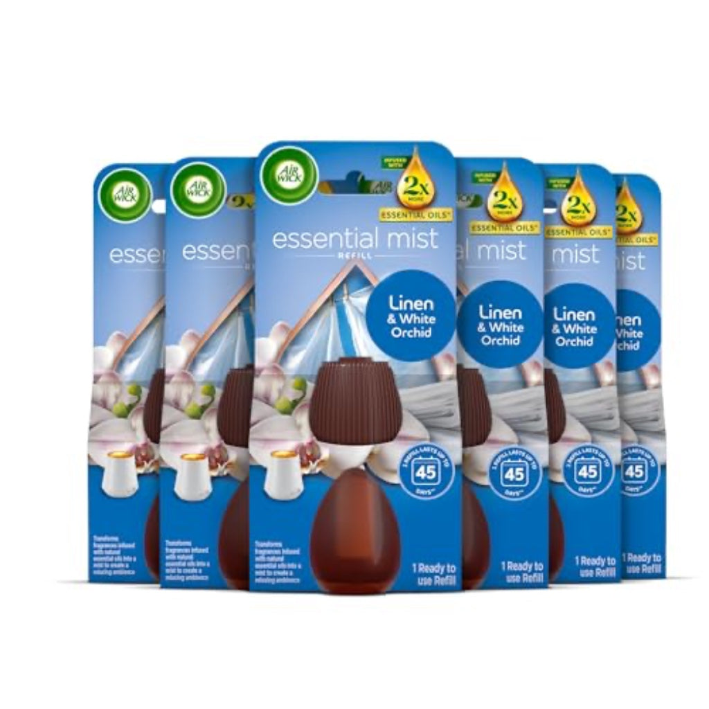 Air Wick Essential Mist Refills, Linen & White Orchid, Pack 6 x 20ml, Natural Essential Oils, Last up to 270 days, Air freshener