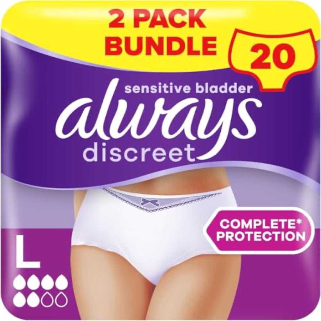 Always Discreet Incontinence Pants Women, Large, Normal, 20 Pants (10 x 2 Packs), Odour Neutraliser, Duo Pack, for Sensitive Bladder - Damaged Box
