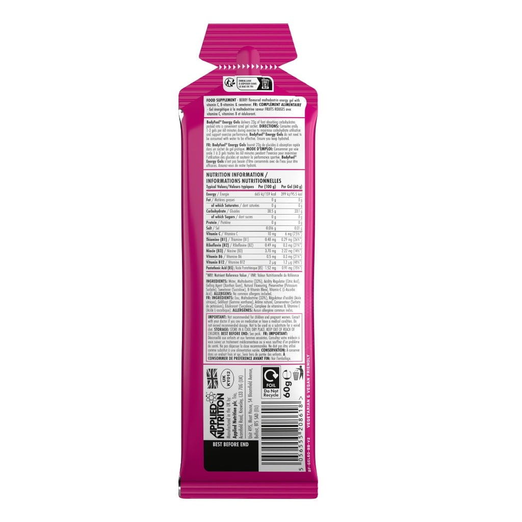 Applied Nutrition BodyFuel Energy Gel - Fast Energy Gels, Fuel for Sport, with Carbs, Sugar Free (Box 20 Units x 60g) (Berry Blast) - BBE 08/2027