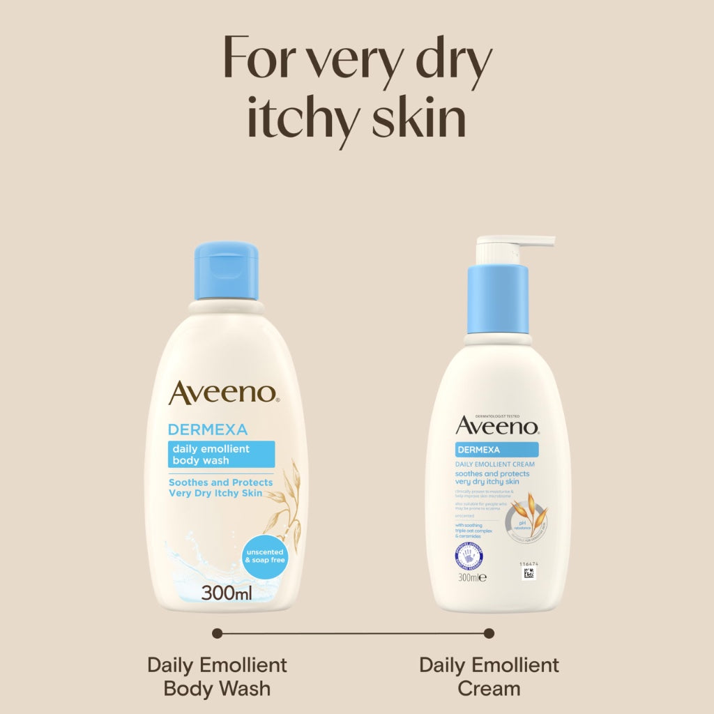 Aveeno Dermexa Daily Emollient Body Wash, Gently cleanses and Soothes, For Very Dry Itchy Also Eczema Prone Skin, 300 ml(Packaging may vary)