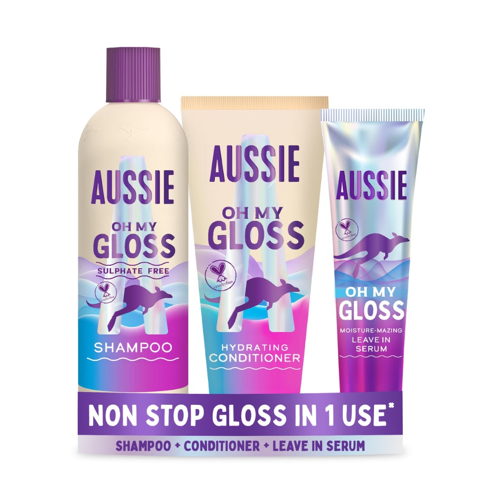 Aussie Oh My Gloss Hydrating Giftset: Shampoo 300ml, Conditioner 200ml, Lightweight Leave-in Serum 160ml. Moisture & Shine Booster for Dull, Dry Hair, with Jojoba, Safflower, Macadamia Nut Oils - Damaged Box