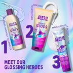 Aussie Oh My Gloss Hydrating Giftset: Shampoo 300ml, Conditioner 200ml, Lightweight Leave-in Serum 160ml. Moisture & Shine Booster for Dull, Dry Hair, with Jojoba, Safflower, Macadamia Nut Oils - Damaged Box