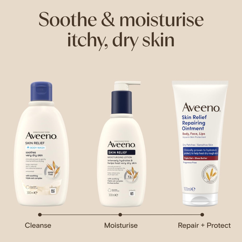 Aveeno Skin Relief Moisturising Lotion, With Soothing Triple Oat Complex & Shea Butter, Suitable For Sensitive Skin, 72-Hour Intense Hydration, Helps Relieve Very Dry and Tight Skin, Unscented, 500ml