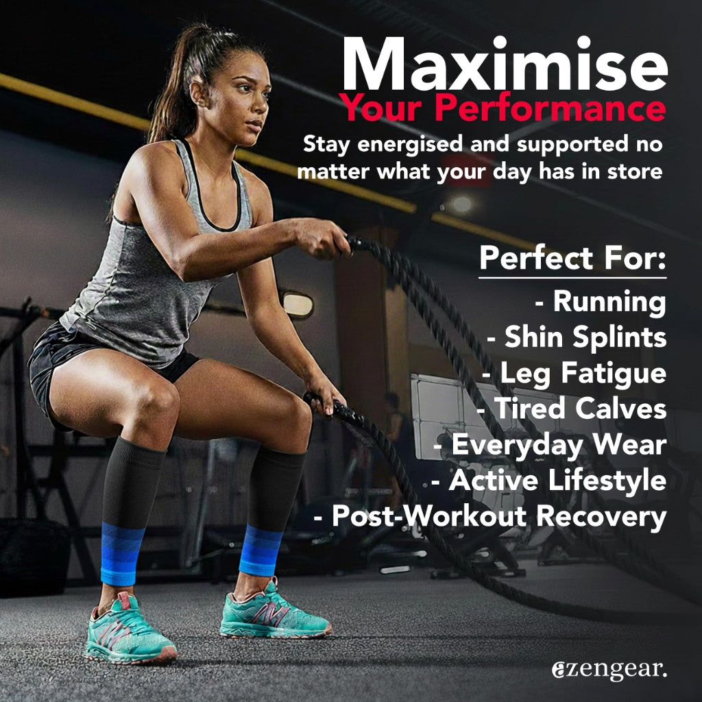aZengear Calf Support Compression Sleeves (Pair) for Women, Men, Running | Shin Splints Brace, Footless Leg Socks for Torn Muscle Pain Relief, Cramps (L-XL, Black w/Blue) - Damaged Box