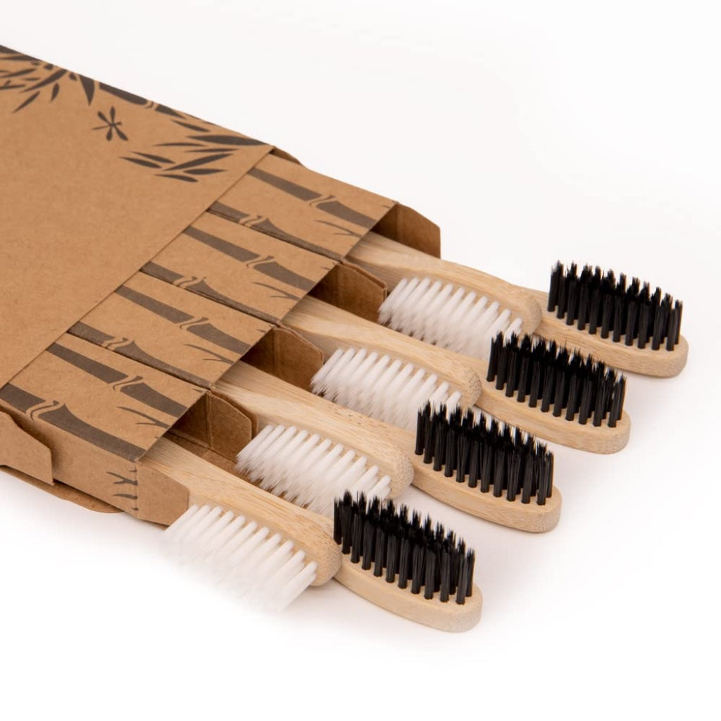 Bamboo Toothbrush, Biodegradable Soft Bristles Toothbrushes, Wooden Toothbrush with Wave-Shaped Two-Color Bristles and Larger Thicker Handle (6 Pcs)