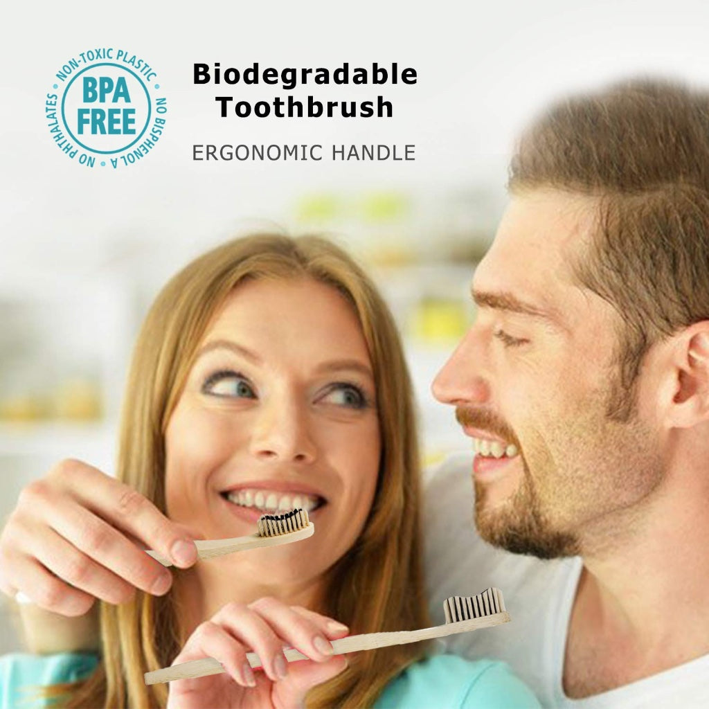 Bamboo Toothbrush, Biodegradable Soft Bristles Toothbrushes, Wooden Toothbrush with Wave-Shaped Two-Color Bristles and Larger Thicker Handle (6 Pcs)