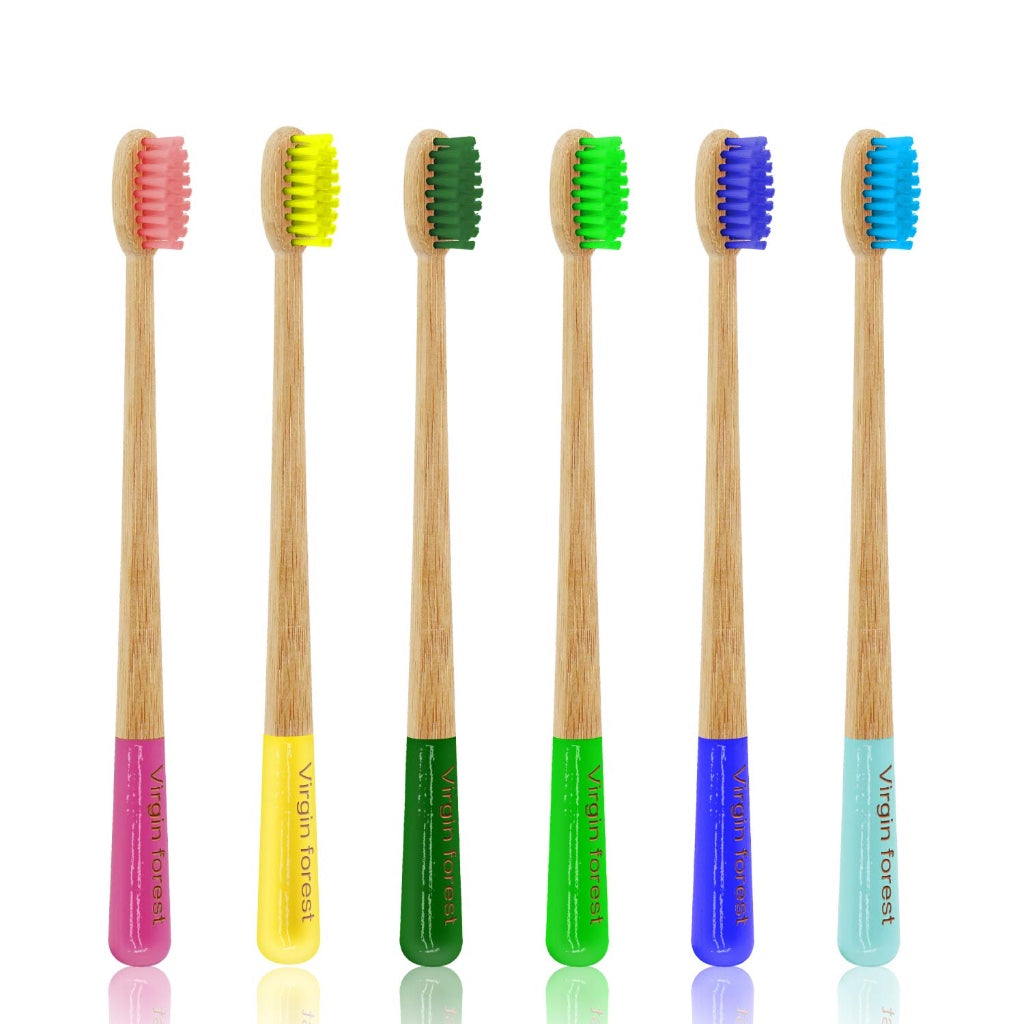 Bamboo Toothbrush, Biodegradable Soft Bristles Toothbrushes, Wooden Toothbrush with Wave-Shaped Two-Color Bristles and Larger Thicker Handle (6 Pcs)