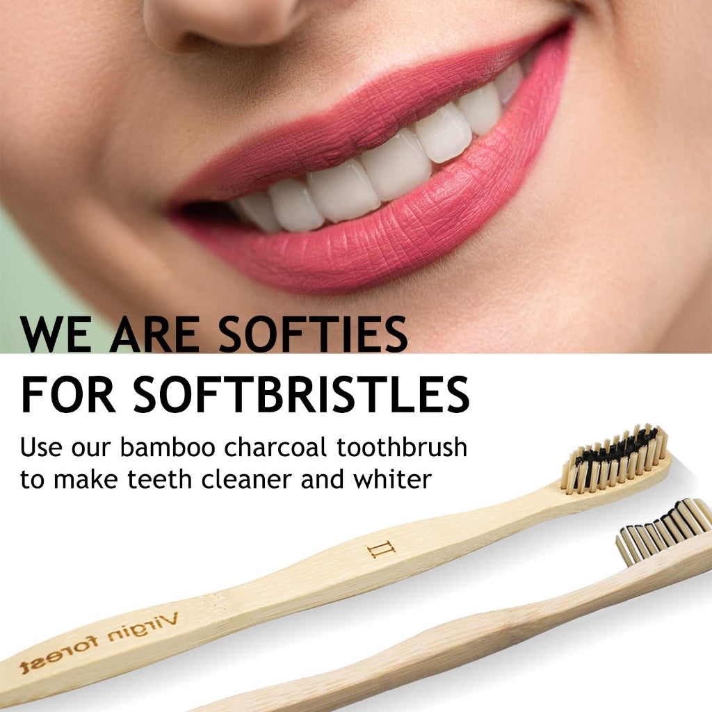 Bamboo Toothbrush, Biodegradable Soft Bristles Toothbrushes, Wooden Toothbrush with Wave-Shaped Two-Color Bristles and Larger Thicker Handle (6 Pcs)