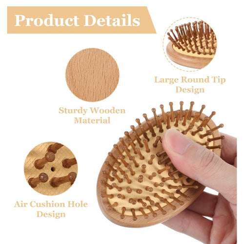 Bamboo Brush, 10.8 cm Wooden Scalp Massager with Anti-static & Air Cushion for Scalp Massager Hair Growth, Women, Men, Kids, Travel, Purse (Include 8-Claw Cleaning Hook)