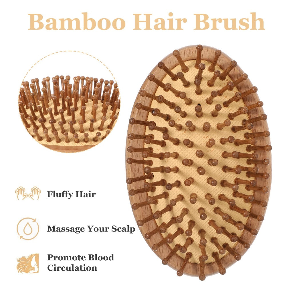 Bamboo Brush, 10.8 cm Wooden Scalp Massager with Anti-static & Air Cushion for Scalp Massager Hair Growth, Women, Men, Kids, Travel, Purse (Include 8-Claw Cleaning Hook)