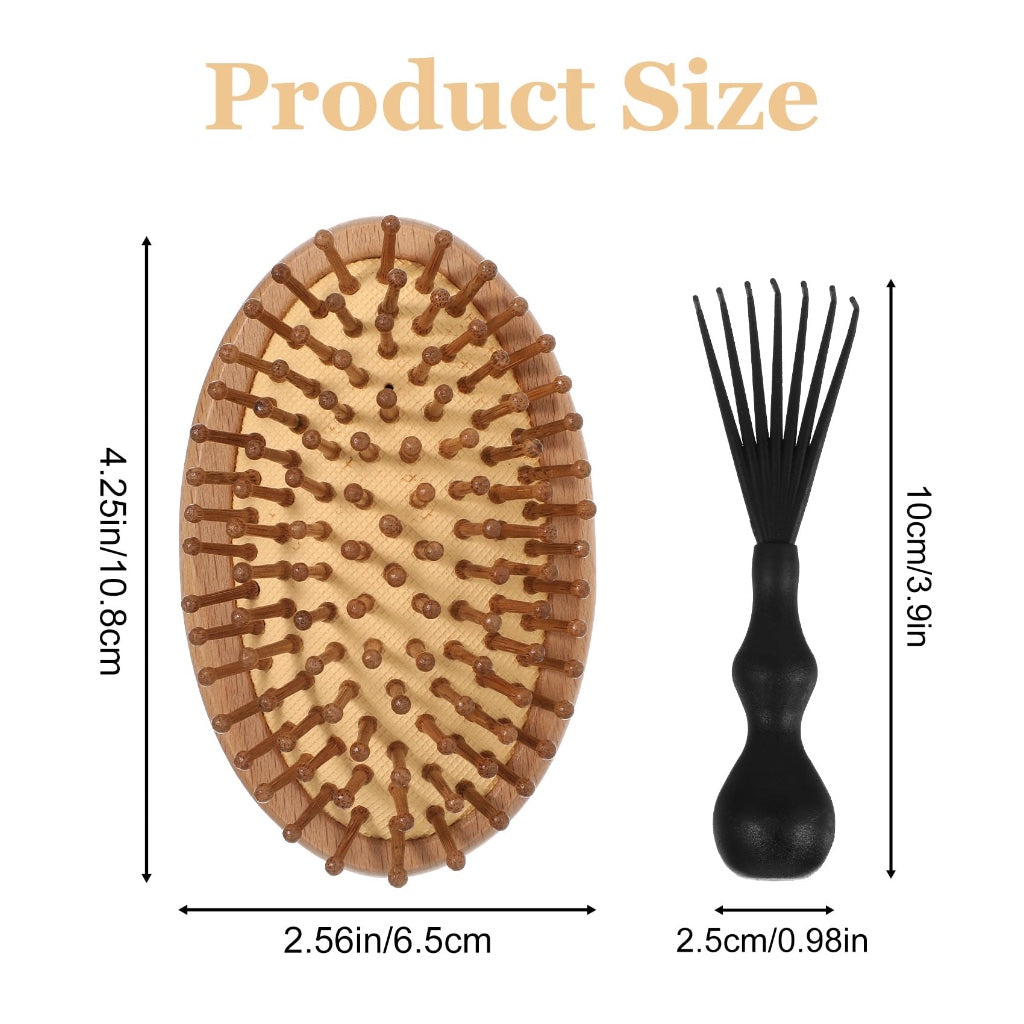 Bamboo Brush, 10.8 cm Wooden Scalp Massager with Anti-static & Air Cushion for Scalp Massager Hair Growth, Women, Men, Kids, Travel, Purse (Include 8-Claw Cleaning Hook)