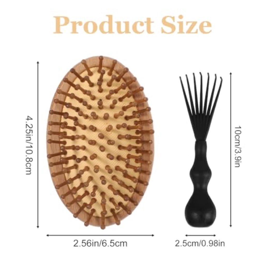Bamboo Brush, 10.8 cm Wooden Scalp Massager with Anti-static & Air Cushion for Scalp Massager Hair Growth, Women, Men, Kids, Travel, Purse (Include 8-Claw Cleaning Hook)