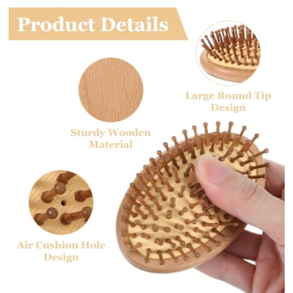 Bamboo Brush, 10.8 cm Wooden Scalp Massager with Anti-static & Air Cushion for Scalp Massager Hair Growth, Women, Men, Kids, Travel, Purse (Include 8-Claw Cleaning Hook)