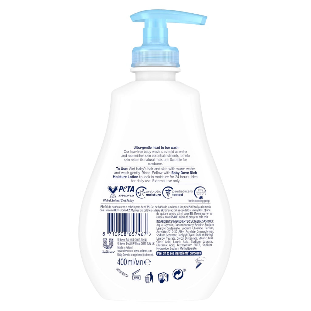 Baby Dove Rich Moisture Head to Toe Wash - Gentle & Nourishing Hair and Body Wash for Babies, Tear-Free Formula, Delicate Fragrance, Keeps Hair and Skin Soft, Ideal for Newborns - 400ml, Pack of 6