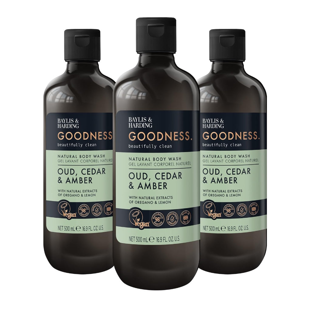 Baylis & Harding Goodness Oud, Cedar and Amber Body Wash, 500 ml (Pack of 3) - Vegan Friendly