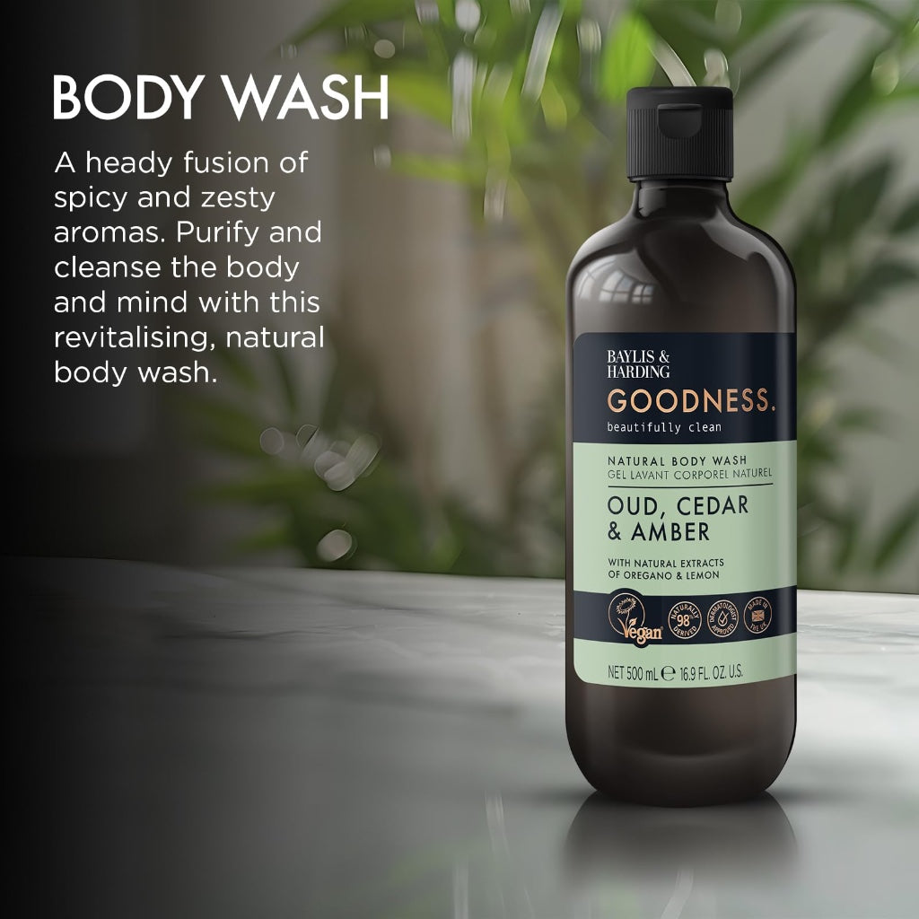 Baylis & Harding Goodness Oud, Cedar and Amber Body Wash, 500 ml (Pack of 3) - Vegan Friendly
