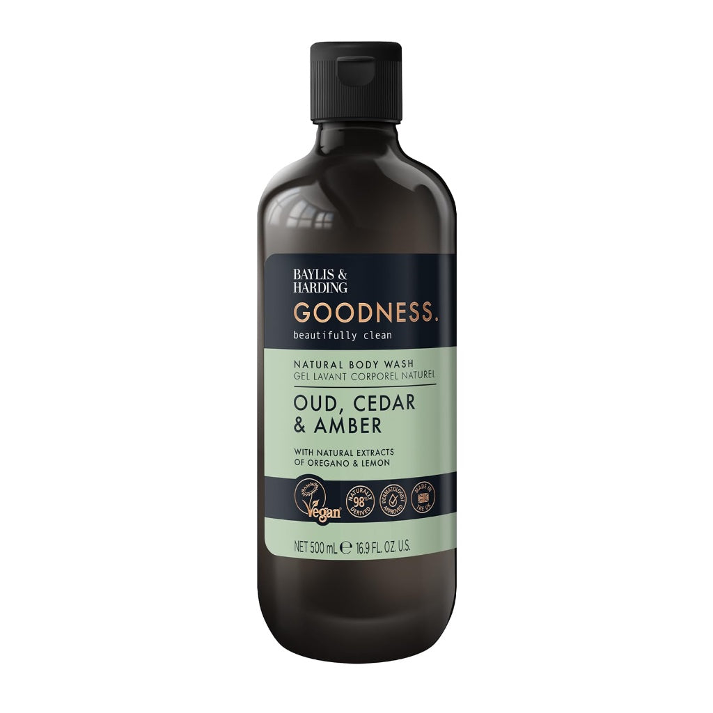Baylis & Harding Goodness Oud, Cedar and Amber Body Wash, 500 ml (Pack of 3) - Vegan Friendly