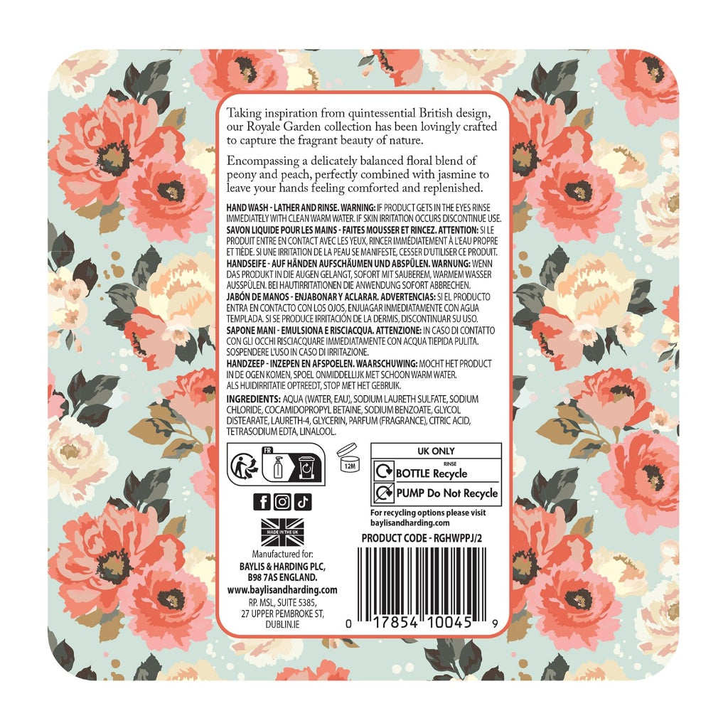Baylis & Harding Royale Garden Peach Peony & Jasmine Hand Wash 500ml,pack of 6