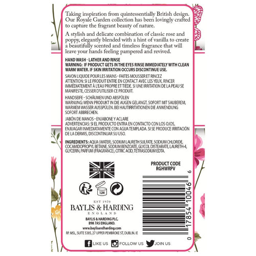Baylis & Harding Royale Garden Rose, Poppy & Vanilla Hand Wash 500ml - Floral Scent Liquid Soap