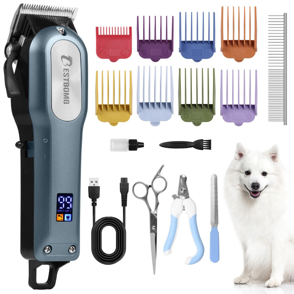 BESTBOMG Professional Dog Grooming Clippers for Thick Heavy Coats Low Noise High Power Rechargeable LED Display Cordless Pet Shaver for Small & Large Dogs Cats