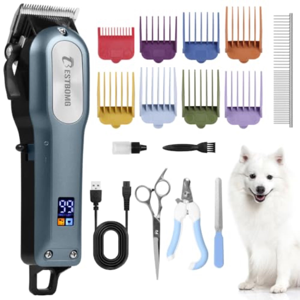 BESTBOMG Professional Dog Grooming Clippers for Thick Heavy Coats Low Noise High Power Rechargeable LED Display Cordless Pet Shaver for Small & Large Dogs Cats