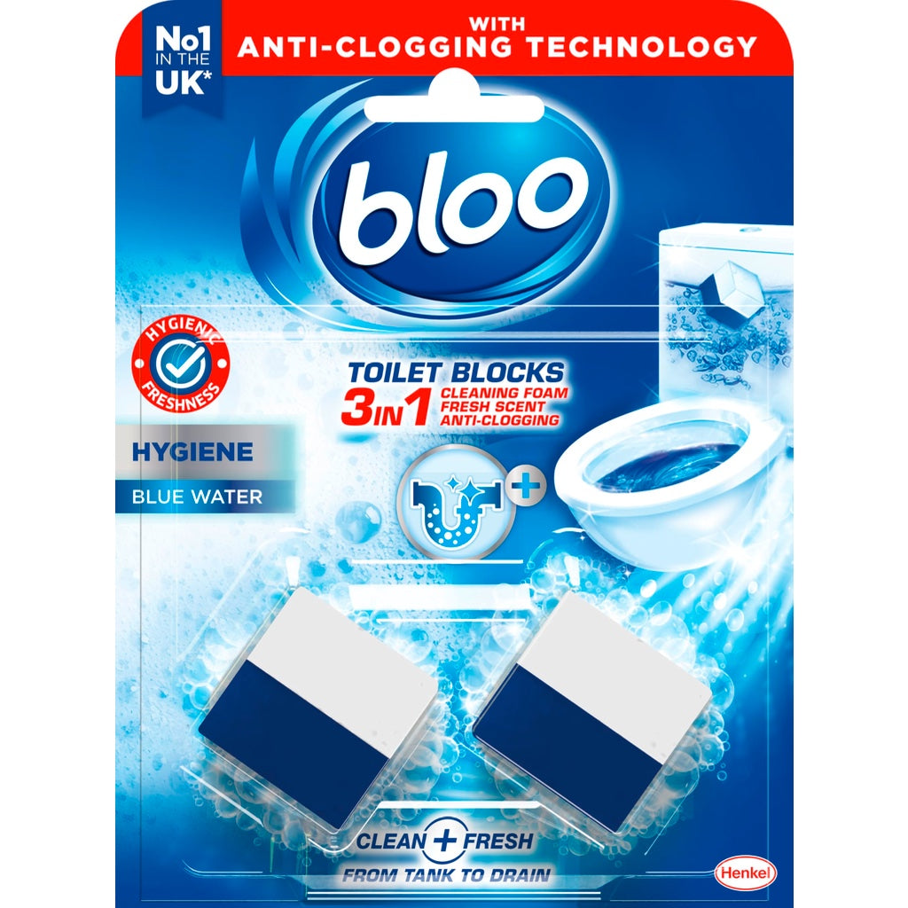 Bloo Hygiene 3in1 Cleaning Foam Toilet Blocks, Pack of 2, Toilet Limescale Remover Cistern Block, Toilet Cleaner Block with Cleaning and Foaming Action, Blue Water, Fresh Scent