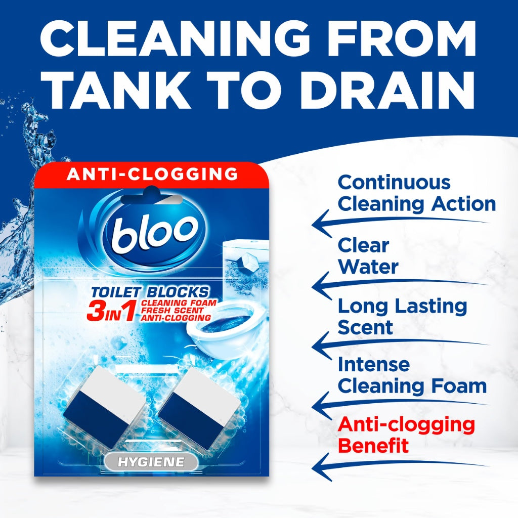 Bloo Hygiene 3in1 Cleaning Foam Toilet Blocks, Pack of 2, Toilet Limescale Remover Cistern Block, Toilet Cleaner Block with Cleaning and Foaming Action, Blue Water, Fresh Scent