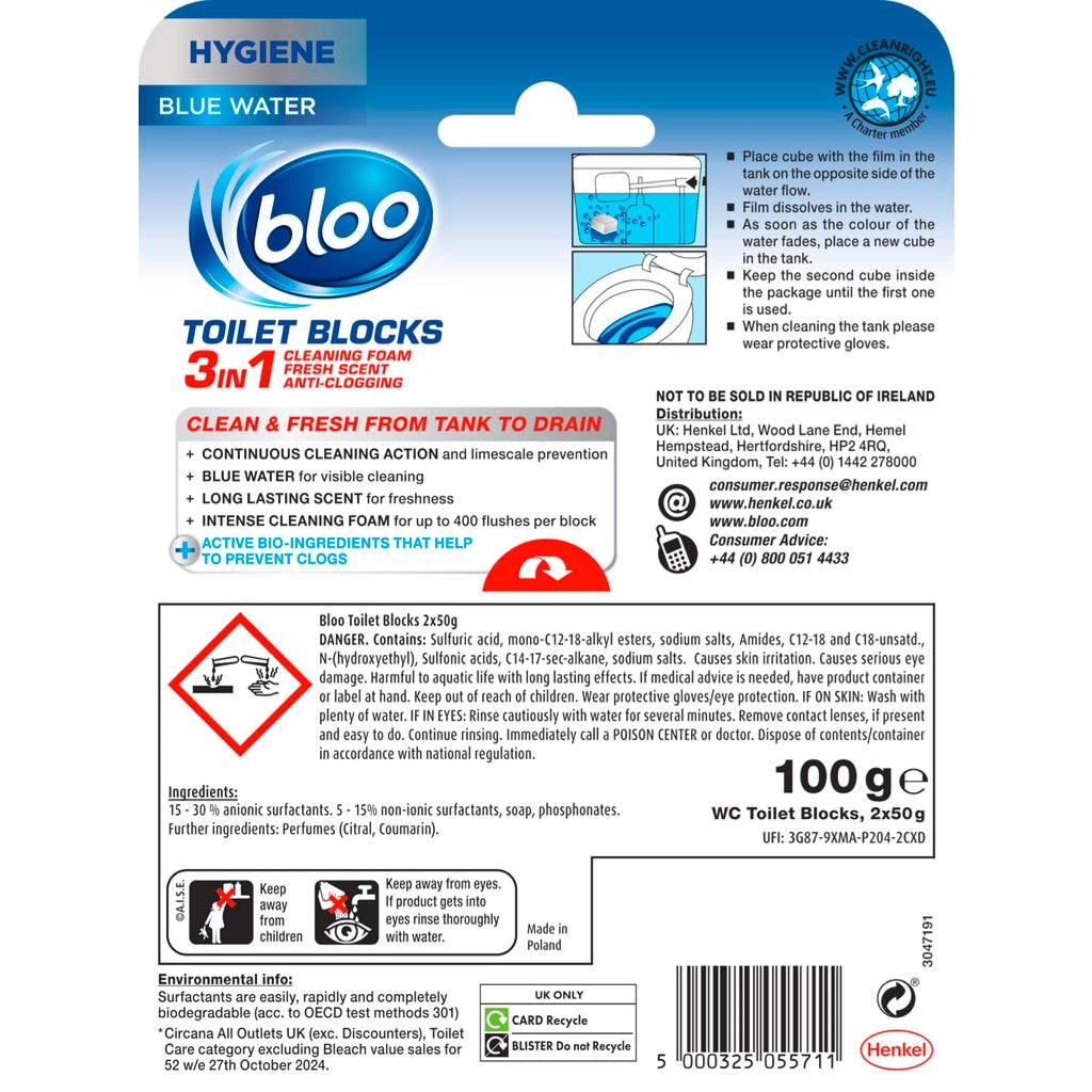 Bloo Hygiene 3in1 Cleaning Foam Toilet Blocks, Pack of 2, Toilet Limescale Remover Cistern Block, Toilet Cleaner Block with Cleaning and Foaming Action, Blue Water, Fresh Scent