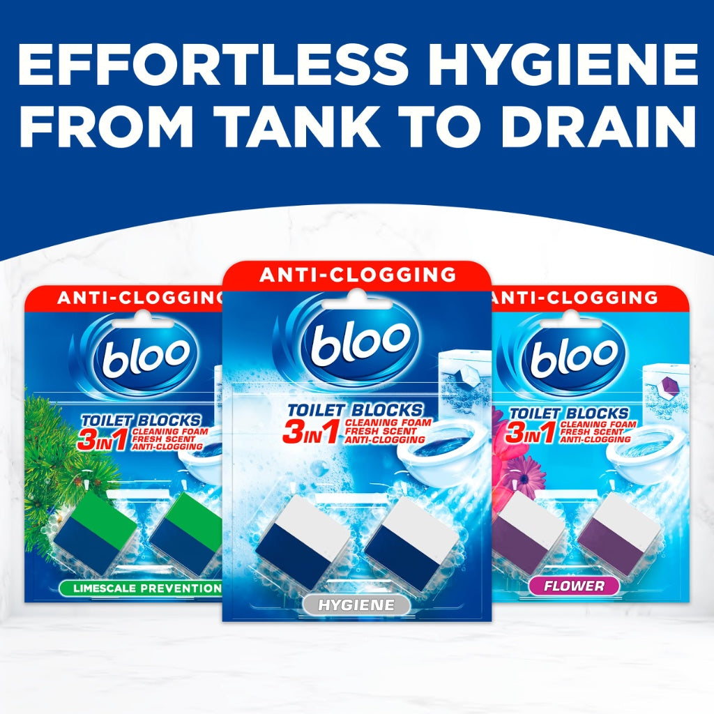 Bloo Hygiene 3in1 Cleaning Foam Toilet Blocks, Pack of 2, Toilet Limescale Remover Cistern Block, Toilet Cleaner Block with Cleaning and Foaming Action, Blue Water, Fresh Scent