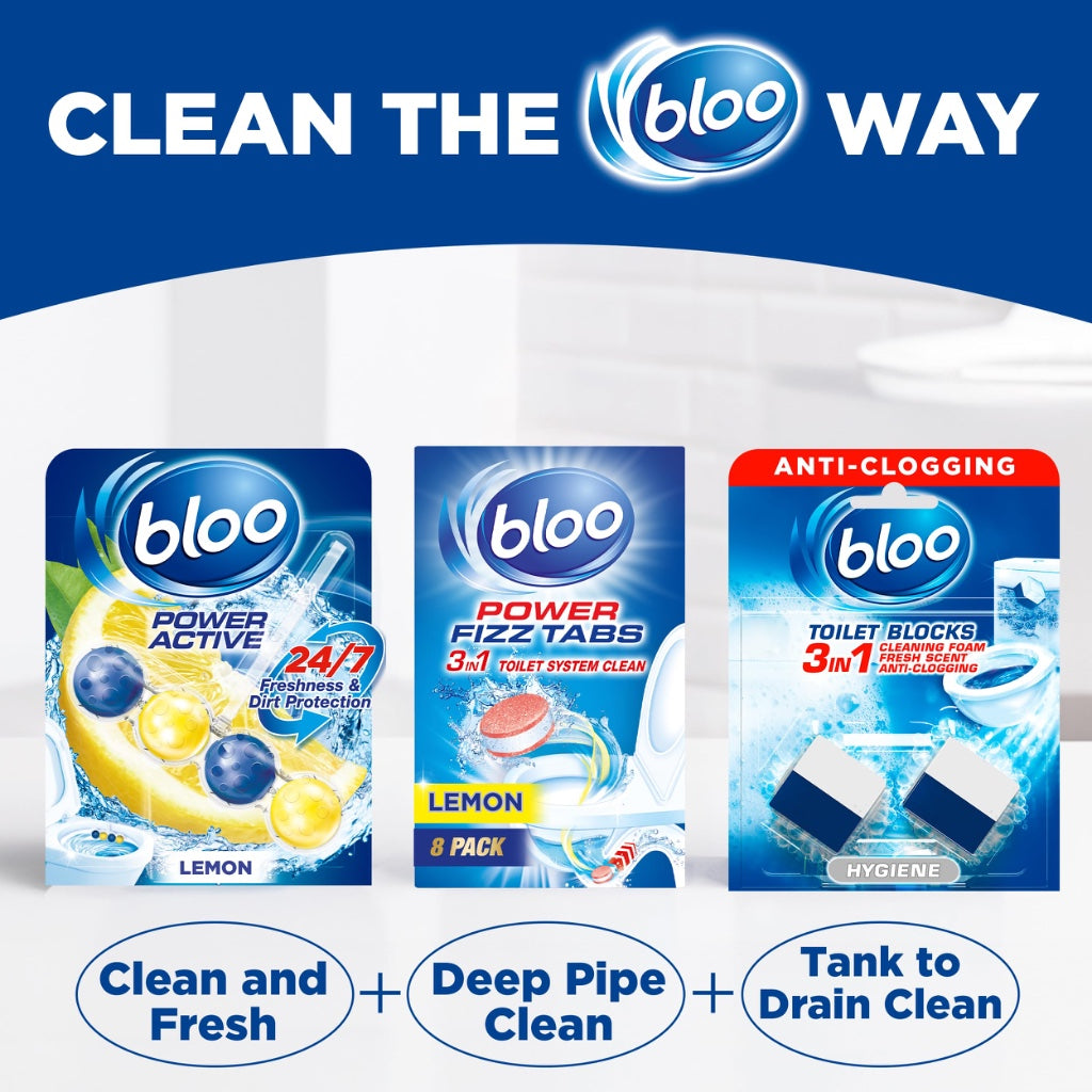 Bloo Hygiene 3in1 Cleaning Foam Toilet Blocks, Pack of 2, Toilet Limescale Remover Cistern Block, Toilet Cleaner Block with Cleaning and Foaming Action, Blue Water, Fresh Scent