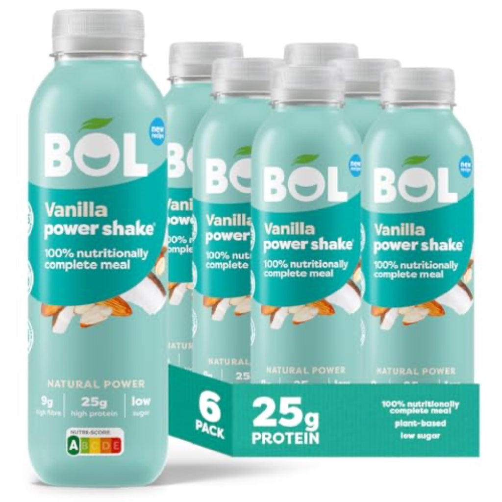 BOL Vanilla Power Shake - Ready-to-Drink Nutritionally Complete Meal (289kcal) - 25g High Protein Shake - Low Sugar, Plant-based, High Fibre (9g) Low Calorie Meal Replacement (410ml x 6 Bottles) - BBE 05/2026