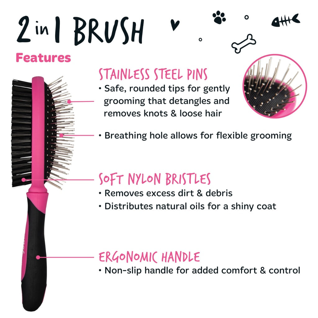 Bugalugs 2 in 1 Dog & Cat Brush - Double Sided, Long & Short Haired Pet Brush, Removes Loose Hair - Grooming Stimulates Skin