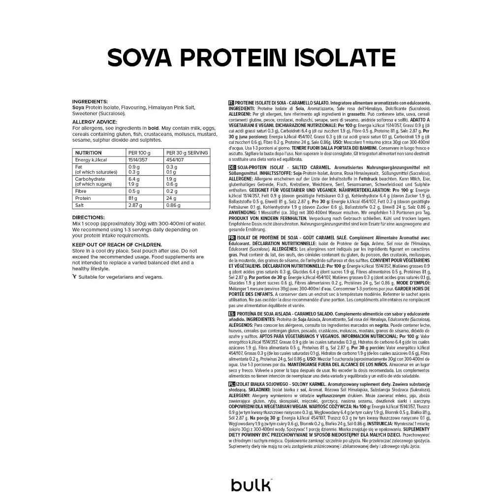 Bulk Soya Protein Isolate Powder, Vegan Protein Shake, Salted Caramel, 1 kg - BBE 09/2027