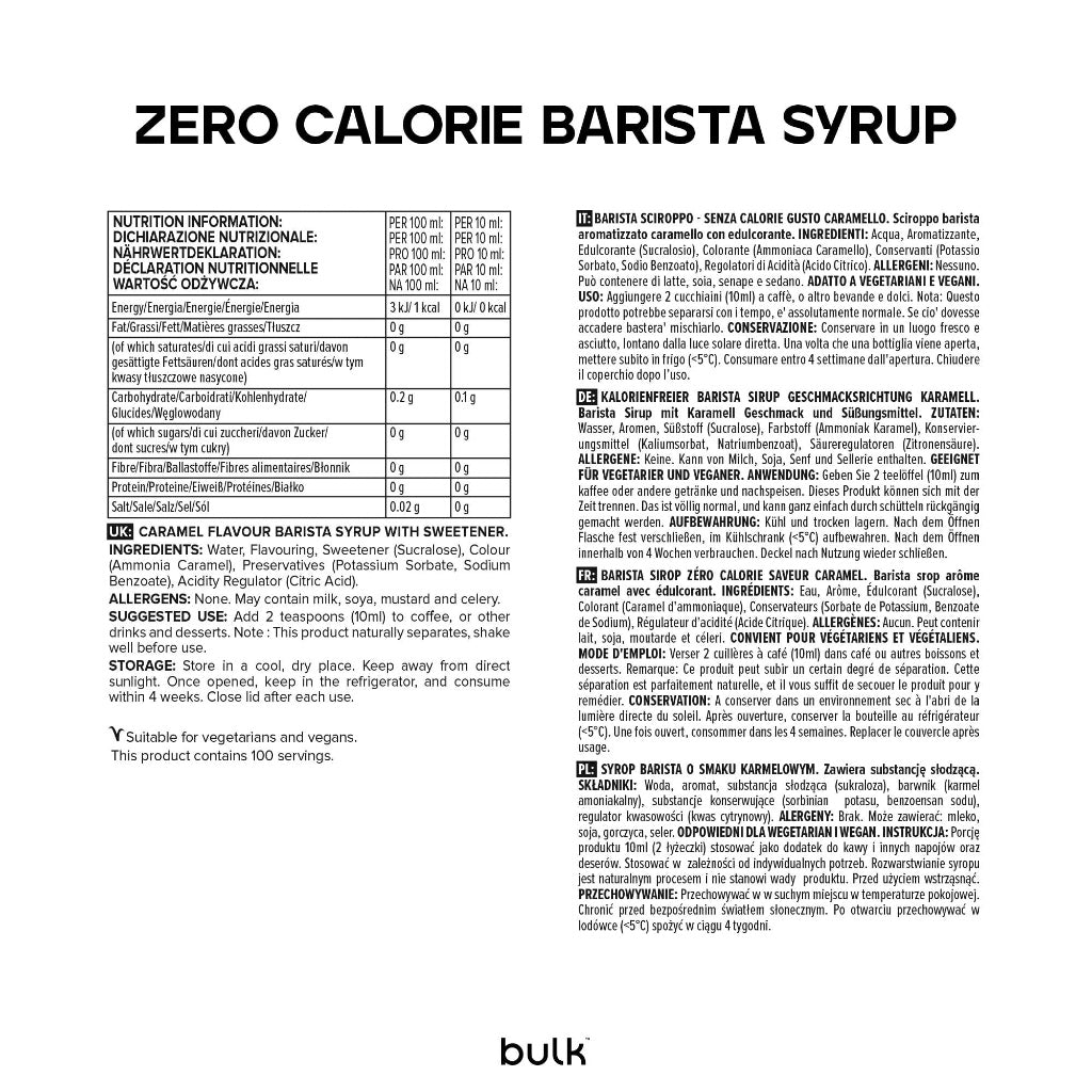 Bulk Zero Calorie Barista Syrup, Caramel, 1 Litre, Perfect for Protein Shakes, Coffee, Tea, Desserts, Pancakes and Waffles, Vegan, No Sugar, Fat, or Calories, Packaging May Vary - BBE 02/2027