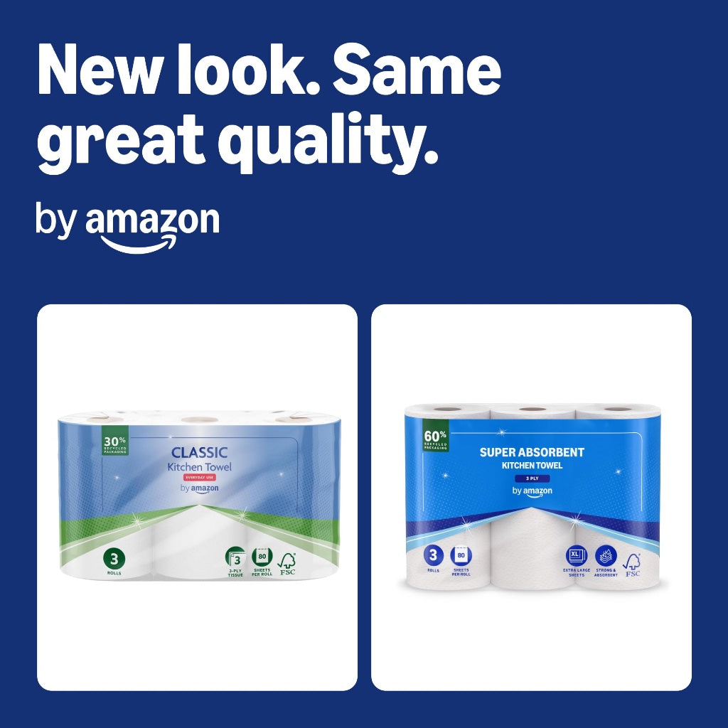 by Amazon Super Absorbent Kitchen Towel, 3-ply, 12 Rolls (4 Packs of 3), 80 Sheets per Roll, FSC Certified - Very Good