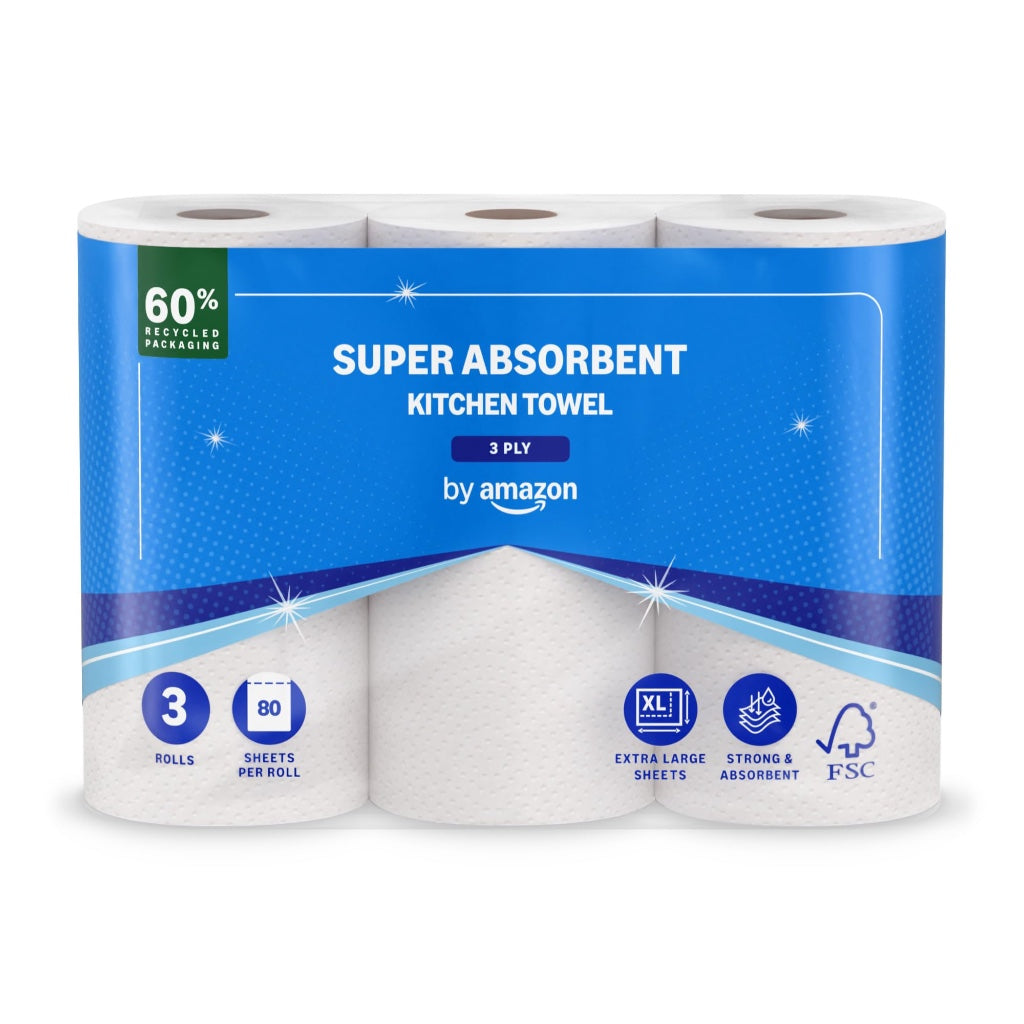 by Amazon Super Absorbent Kitchen Towel, 3-ply, 12 Rolls (4 Packs of 3), 80 Sheets per Roll, FSC Certified - Very Good
