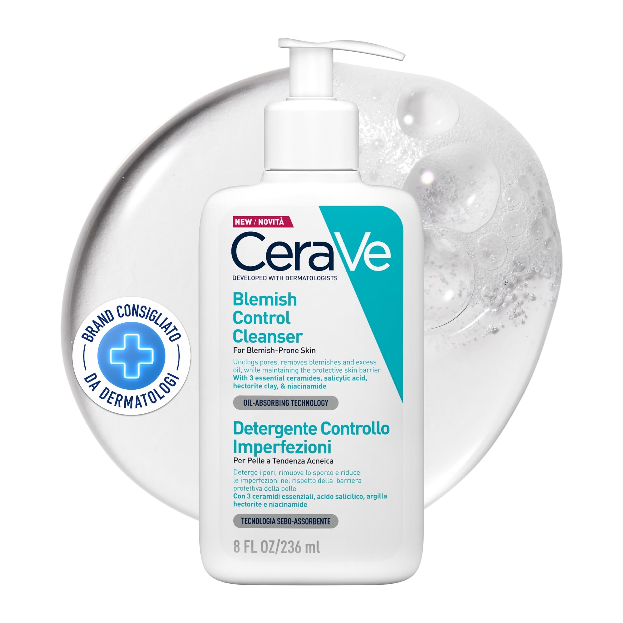 CeraVe Blemish Control Cleanser, 2% Salicylic Acid Face Wash with Niacinamide & 3 Essential Ceramides, Exfoliates & Clears Clogged Pores for Blemish-Prone Skin, Developed with Dermatologists, 236ml
