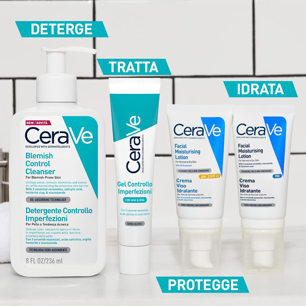 CeraVe Blemish Control Cleanser, 2% Salicylic Acid Face Wash with Niacinamide & 3 Essential Ceramides, Exfoliates & Clears Clogged Pores for Blemish-Prone Skin, Developed with Dermatologists, 236ml