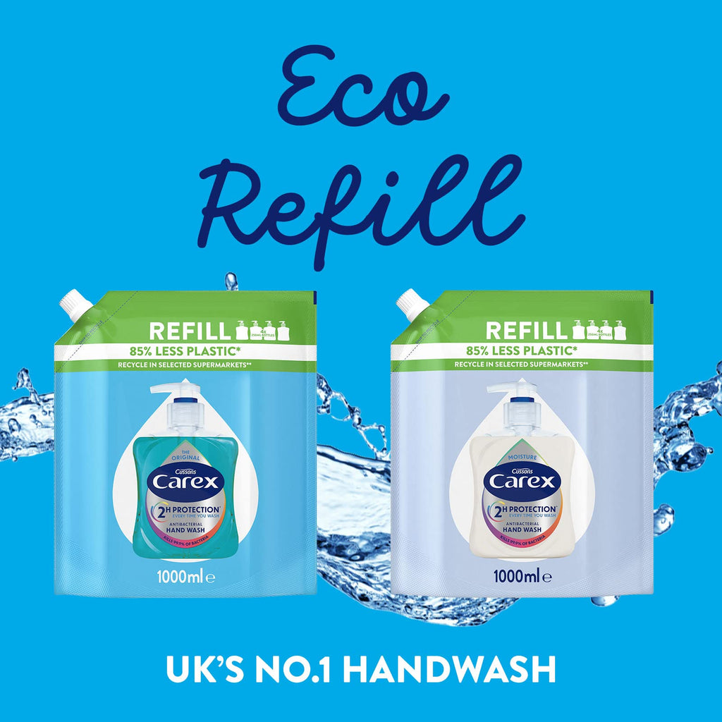 Carex 2 Hour Protection Antibacterial Moisture Hand Wash Refills, Liquid Hand Soap Eco Refill for Homes & Businesses, Caring Hand Wash, Bulk Buy, Pack of 3 x 1 litre