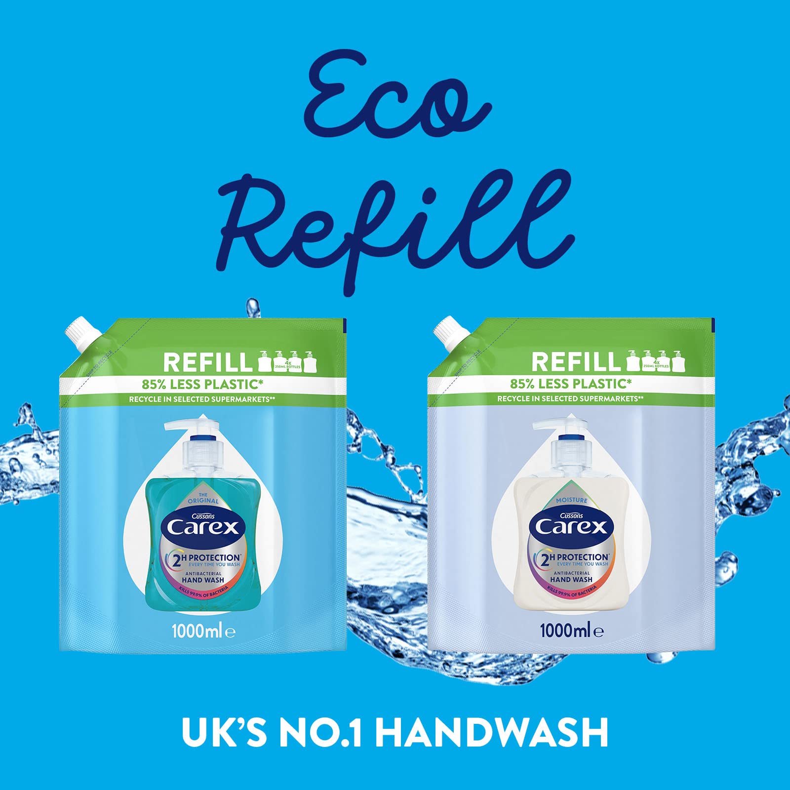 Carex 2 Hour Protection Antibacterial Moisture Hand Wash Refills, Liquid Hand Soap Eco Refill for Homes & Businesses, Caring Hand Wash, Bulk Buy, Pack of 3 x 1 litre