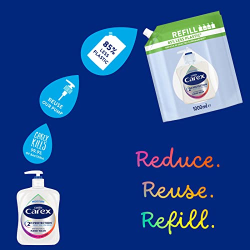 Carex 2 Hour Protection Antibacterial Moisture Hand Wash Refills, Liquid Hand Soap Eco Refill for Homes & Businesses, Caring Hand Wash, Bulk Buy, Pack of 3 x 1 litre