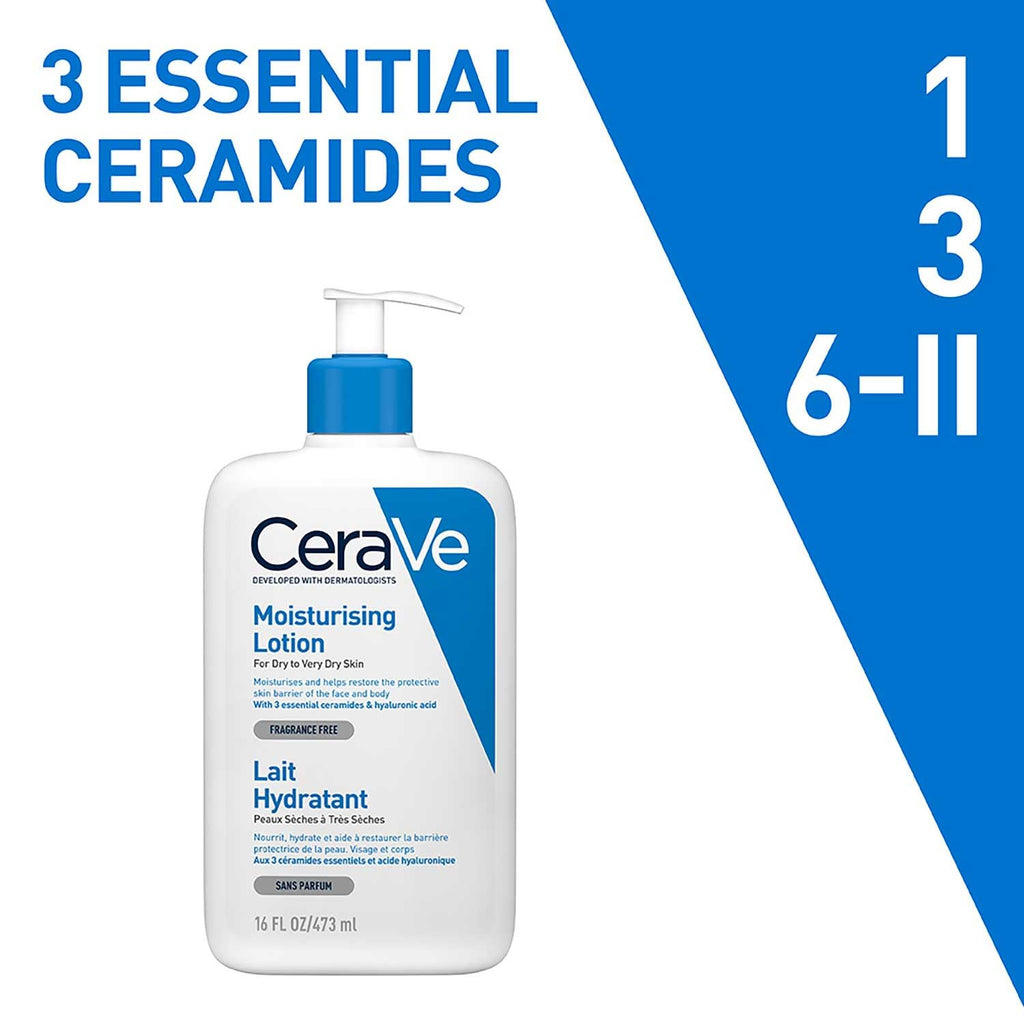CeraVe Moisturising Lotion, for normal to very dry skin, Enriched with 3 Essential Ceramides, Hyaluronic Acid and MVe technology, CeraVe face moisturiser, Daily Hydrating Moisturiser, 473ml