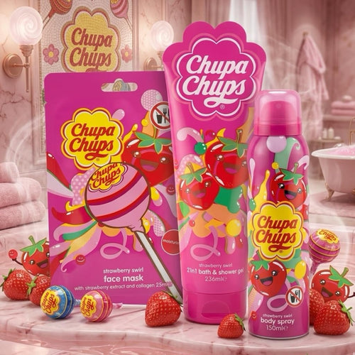 Chupa Chups Strawberry Swirl Beauty Gift Set, 3 Piece Collection with Face Mask, 2in1 Bath & Shower Gel 236ml, Body Spray 150ml