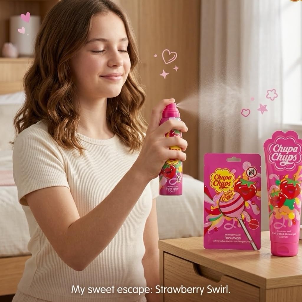 Chupa Chups Strawberry Swirl Beauty Gift Set, 3 Piece Collection with Face Mask, 2in1 Bath & Shower Gel 236ml, Body Spray 150ml