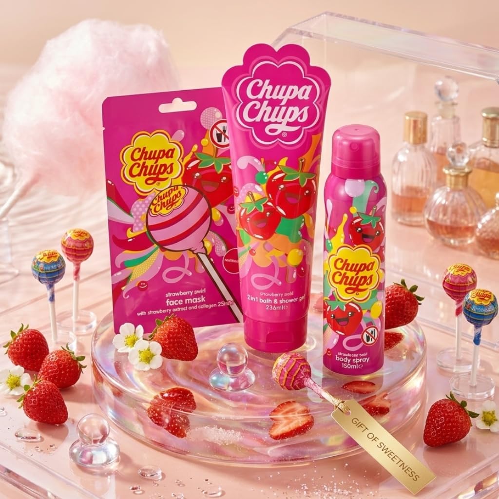 Chupa Chups Strawberry Swirl Beauty Gift Set, 3 Piece Collection with Face Mask, 2in1 Bath & Shower Gel 236ml, Body Spray 150ml