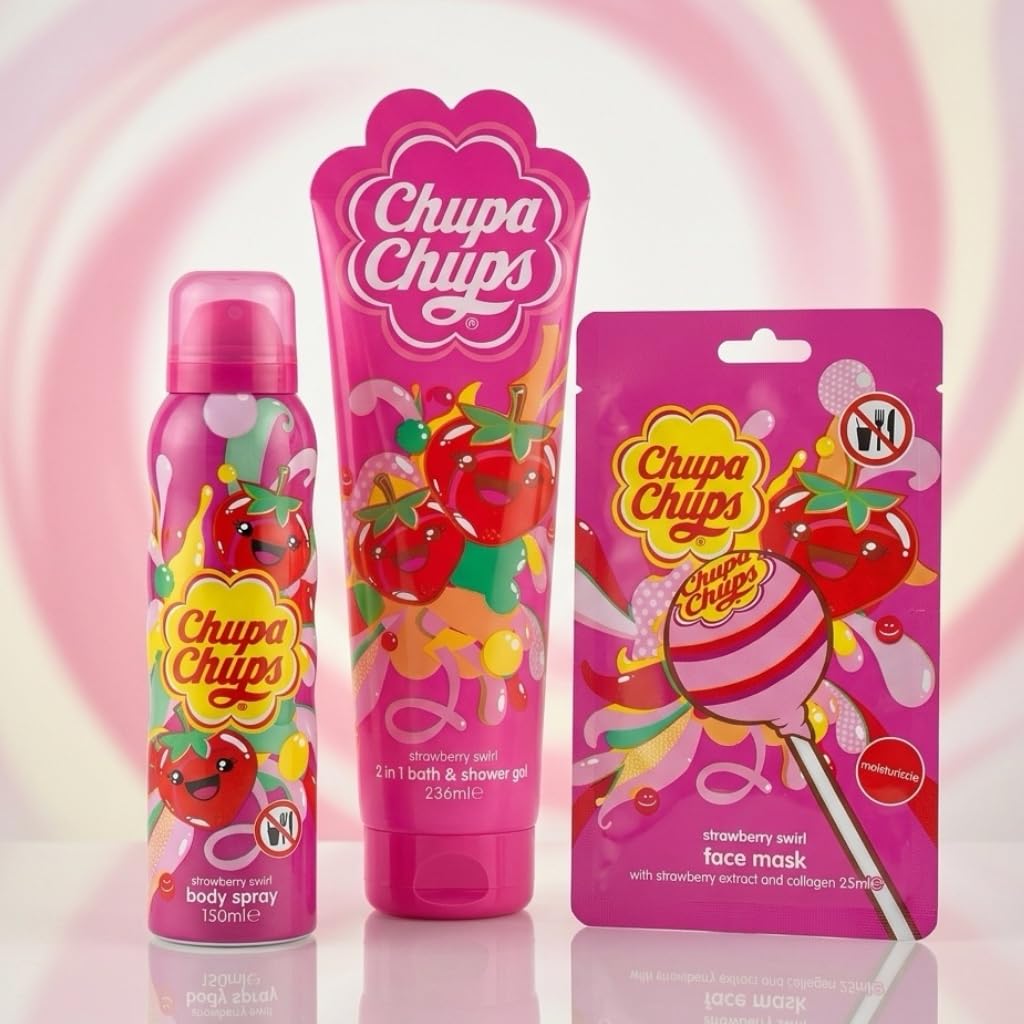 Chupa Chups Strawberry Swirl Beauty Gift Set, 3 Piece Collection with Face Mask, 2in1 Bath & Shower Gel 236ml, Body Spray 150ml