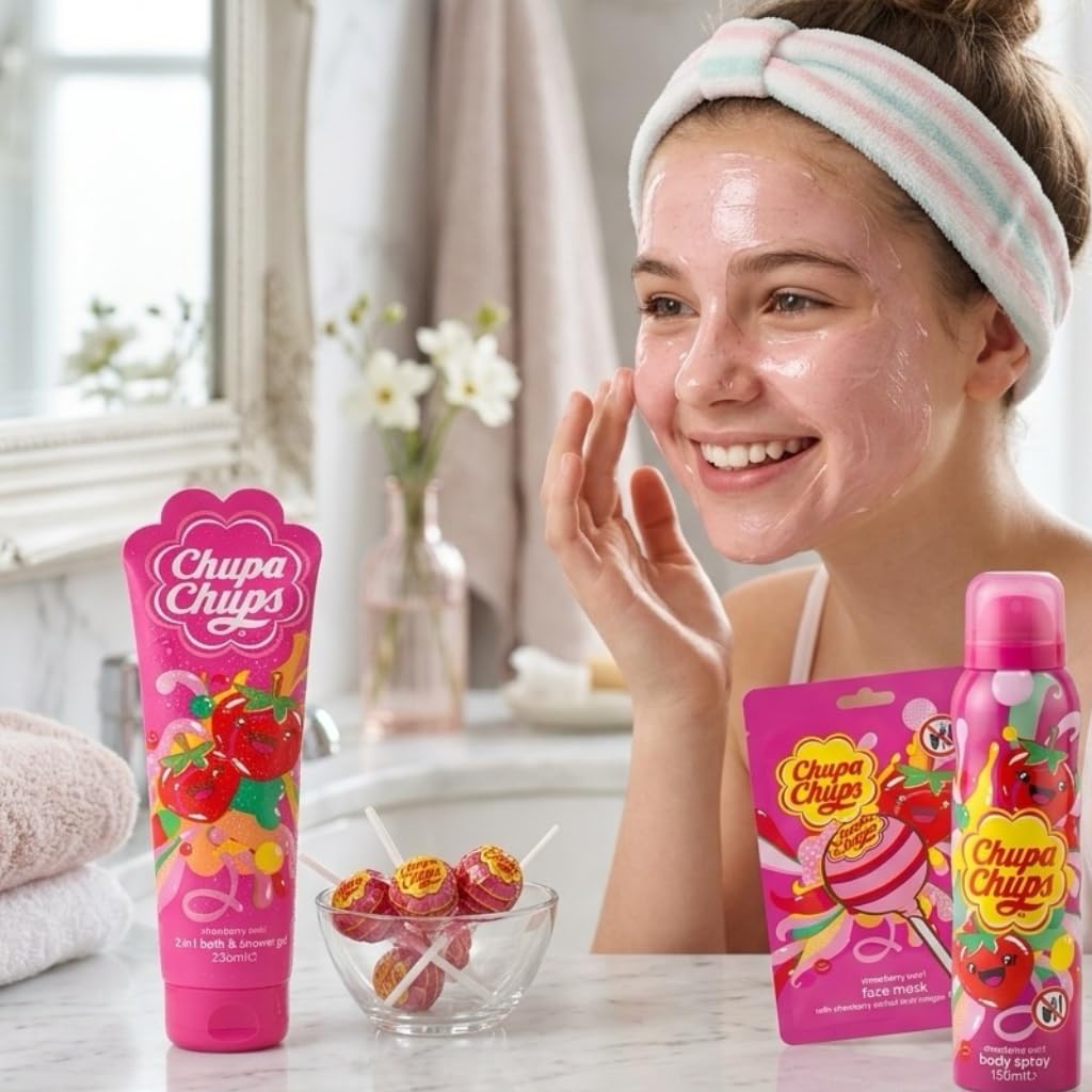 Chupa Chups Strawberry Swirl Beauty Gift Set, 3 Piece Collection with Face Mask, 2in1 Bath & Shower Gel 236ml, Body Spray 150ml