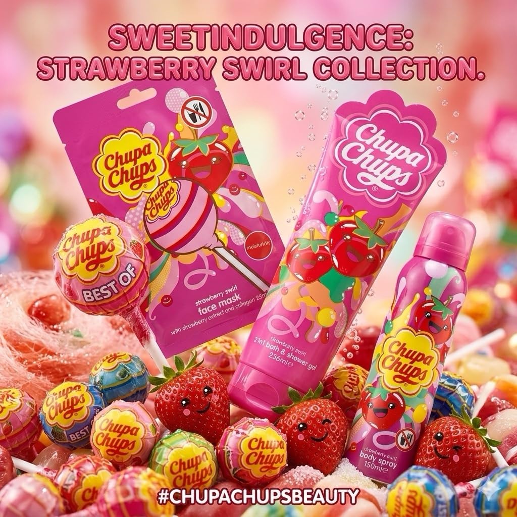 Chupa Chups Strawberry Swirl Beauty Gift Set, 3 Piece Collection with Face Mask, 2in1 Bath & Shower Gel 236ml, Body Spray 150ml